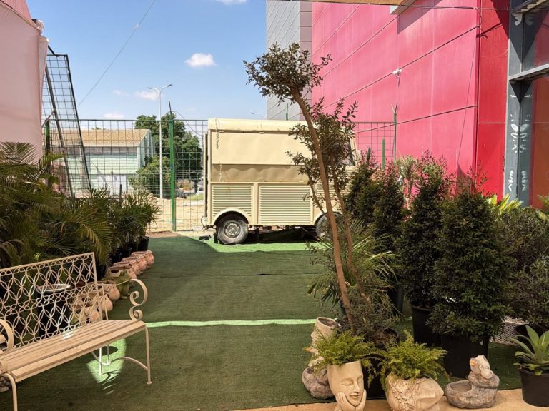 פינת ישיבה עם ספסל ודשא בכניסה למשתלת עדי